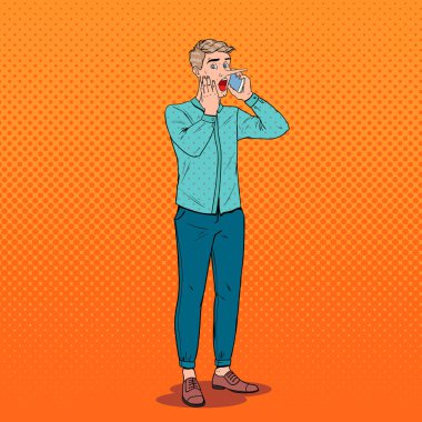 Pop Art dostum uzun burun Smartphone'da söz ile şok. Sahte haber kavramı. Vektör çizim