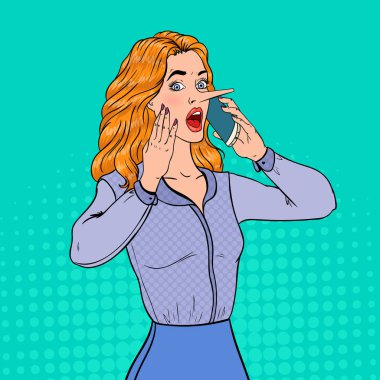 Uzun burun Smartphone üzerinde konuşma ile şok kadın Pop Art. Sahte haber kavramı. Vektör çizim