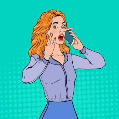Pop Art Shocked Woman with Long Nose Talking on Smartphone. Fake News Concept. Vector illustration clipart