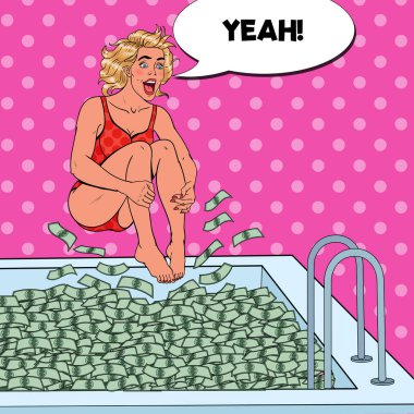 Pop Art neşeli bir kadın para havuza atlama. Başarılı bir iş kadını. Finansal başarı, zenginlik kavram. Vektör çizim