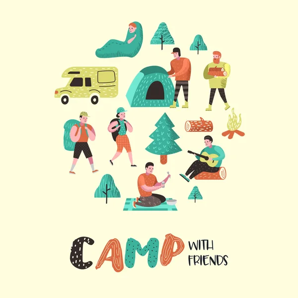 Sommercamping. Zeichentrickfiguren Menschen im Lager. Reiseausrüstung, Lagerfeuer, Outdoor-Aktivitäten. Vektorillustration — Stockvektor