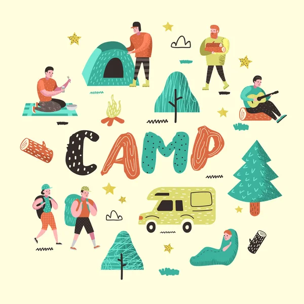 Acampamento de Verão. Personagens de desenhos animados Pessoas no acampamento. Equipamento de viagem, Fogueira, Atividades ao ar livre. Ilustração vetorial — Vetor de Stock