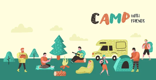 Cartaz de acampamento de verão, Banner. Personagens de desenhos animados Pessoas em Camp Background. Equipamento de viagem, Fogueira, Atividades ao ar livre. Ilustração vetorial —  Vetores de Stock