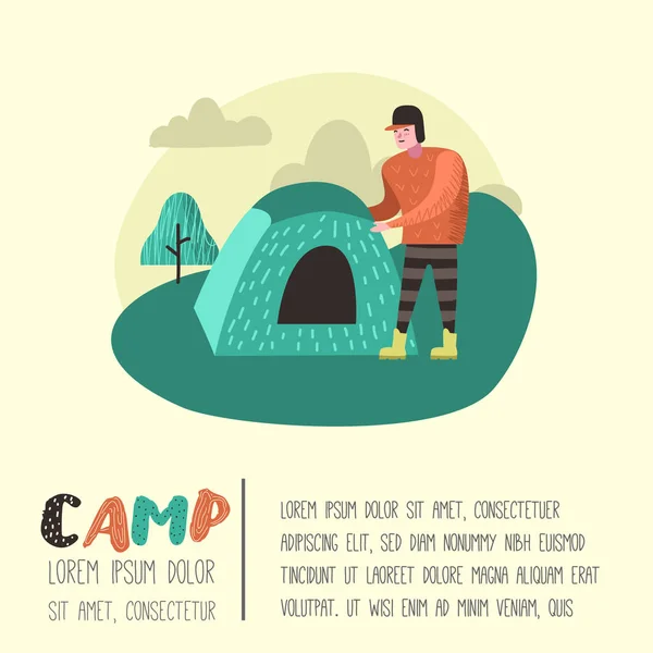 Cartel de Camping de Verano, Banner. Personaje de dibujos animados Hombre en Camp Placard, Invitación, Fondo. Ilustración vectorial — Archivo Imágenes Vectoriales