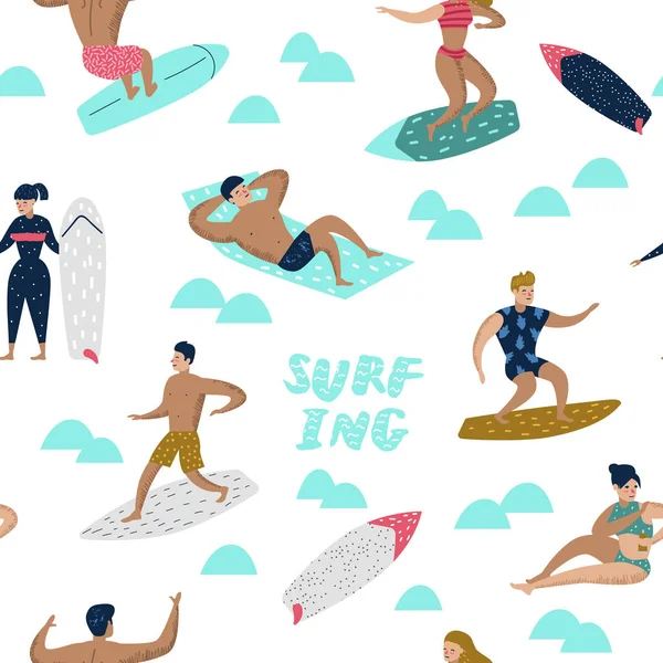 Seamless Pattern with Characters People Surfing at the Beach. Man and Woman Cartoon Surfers. Water Sport Concept. Vector illustration — Stock Vector