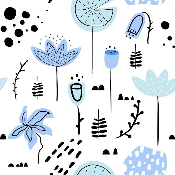 花と葉と花の手描きのシームレスなパターン。自然植物の背景壁紙、包装紙、ファブリック。ベクトル図 — ストックベクタ