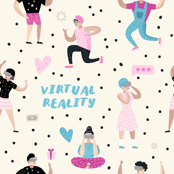 Seamless Pattern with Cartoons Wearing Virtual Reality Glasses (dalam bahasa Inggris). VR Headset. Girls and Boys Karakter Bermain Video Games. Ilustrasi vektor - Stok Vektor