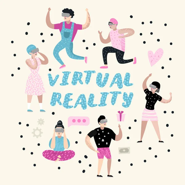 Caricaturas con gafas de realidad virtual. Auriculares VR. Personajes de niñas y niños jugando videojuegos. Ilustración vectorial — Vector de stock