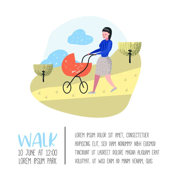 Cartaz de atividade ao ar livre da família, bandeira. Mãe Caminhando no Parque com Baby Carriage. Pessoas felizes Relaxando no fundo da natureza. Ilustração vetorial —  Vetores de Stock