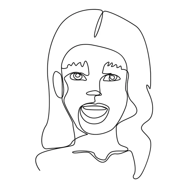 Happy Woman Laughing One Line Art Portrait. Expresión facial femenina alegre. Silueta de mujer lineal dibujada a mano. Ilustración vectorial — Vector de stock