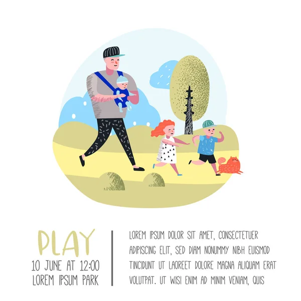 Cartel de actividad familiar al aire libre, pancarta. Padre caminando en el parque con niños. Gente feliz Relajándose en el fondo de la naturaleza. Ilustración vectorial — Archivo Imágenes Vectoriales