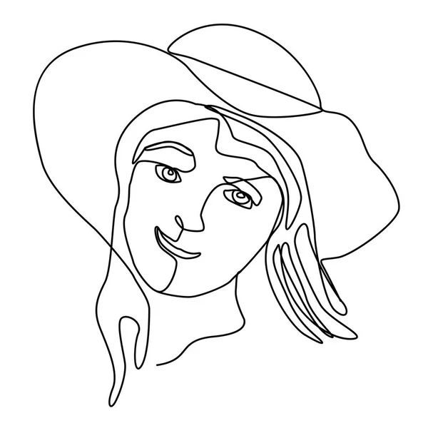 Happy Woman in Hat Laughing One Line Art Portrait. Expresión facial femenina alegre. Silueta de mujer lineal dibujada a mano. Ilustración vectorial — Vector de stock