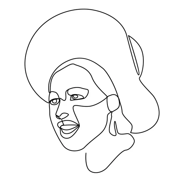 Happy Woman in Hat Laughing One Line Art Portrait. Expresión facial femenina alegre. Silueta de mujer lineal dibujada a mano. Ilustración vectorial — Vector de stock