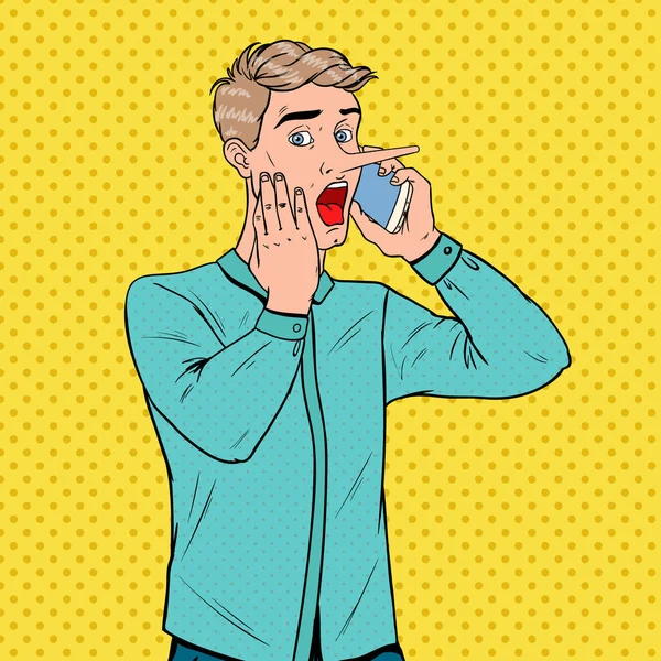 Pop Art Homem chocado com narizes longos falando em Smartphone. Conceito de Notícias Falsas. Ilustração vetorial — Vetor de Stock