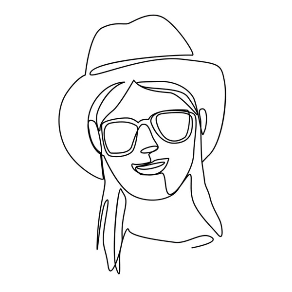 Mujer feliz en sombrero y gafas de sol sonriendo una línea retrato de arte. Expresión facial femenina alegre. Silueta de mujer lineal dibujada a mano. Ilustración vectorial — Vector de stock