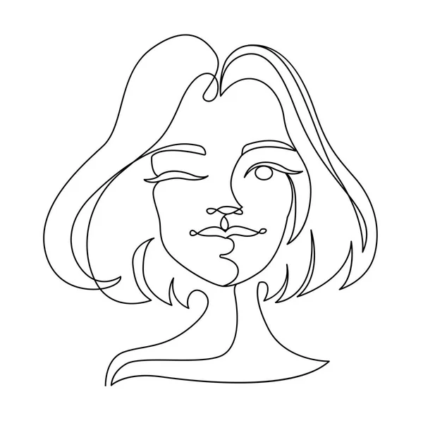 Happy Woman Winks One Line Art Portrait. Expresión facial femenina alegre. Silueta de mujer lineal dibujada a mano. Ilustración vectorial — Vector de stock