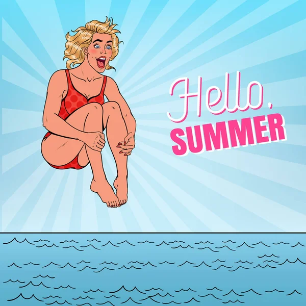 Pop Art Happy Woman Sauter dans la mer. Bonjour Summer Beach Vacation Concept. Illustration vectorielle — Image vectorielle