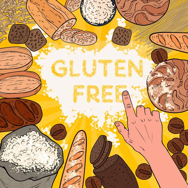 Sfondo senza glutine con farina, pane, pasticceria e panetteria. Illustrazione vettoriale Pop Art — Vettoriale Stock