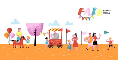 Yaz Eğlence Fuarı Poster, afiş, broşür. Eğlence Parkı karakter karikatür kişi ile. Aile çocuklar tatil. Vektör çizim