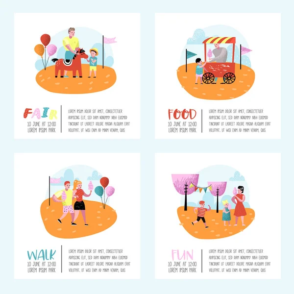 Zomer Fun Fair Poster, Banner, Brochure. Pretpark tekens met Cartoon mensen. Familie kinderen vakantie. Vectorillustratie — Stockvector