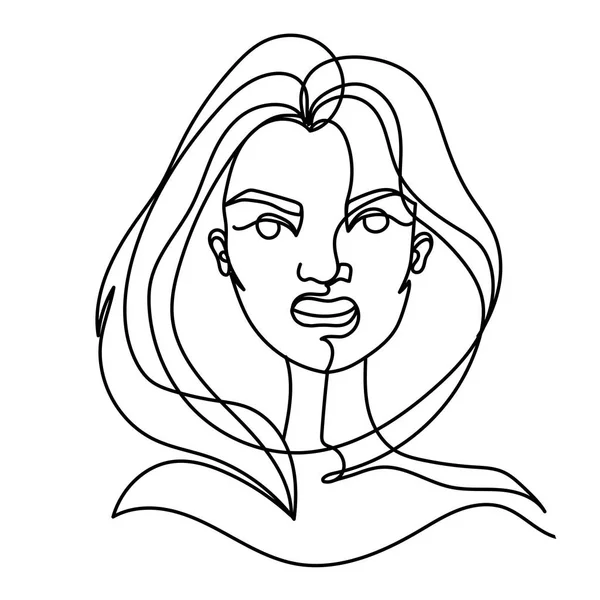 Gritando mujer una línea retrato de arte. Expresión facial femenina enojada. Silueta de mujer lineal dibujada a mano. Ilustración vectorial — Vector de stock