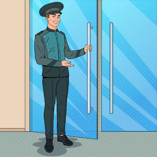 Pop Art Doorman em pé na entrada do hotel. Porteiro em Uniforme. Serviço de Hotel de luxo. Ilustração vetorial — Vetor de Stock