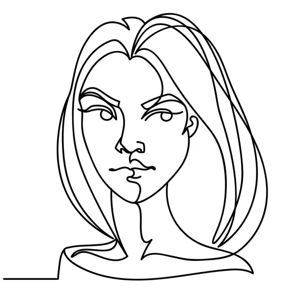 "Angry Woman One Line Art Portrait". Несчастное женское выражение лица. Ручной рисунок линейного женского силуэта. Векторная иллюстрация — стоковый вектор