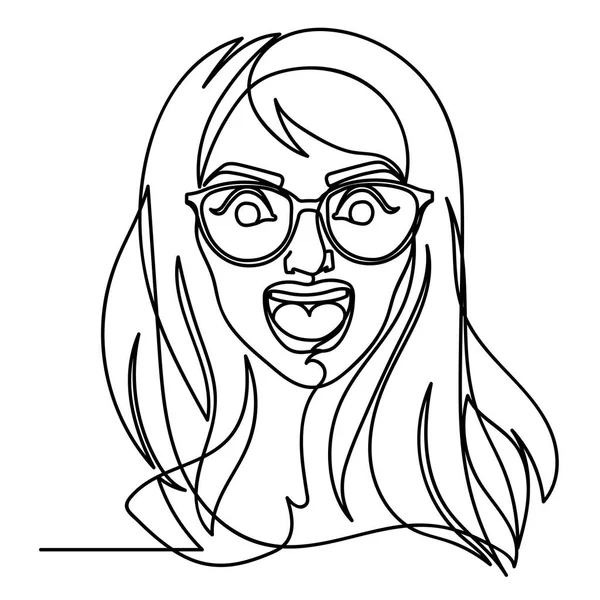 Kadın gözlük bir satır sanat portre çığlık. Mutsuz kadın yüz ifadesi. Elle çizilmiş doğrusal kadın silueti. Vektör çizim