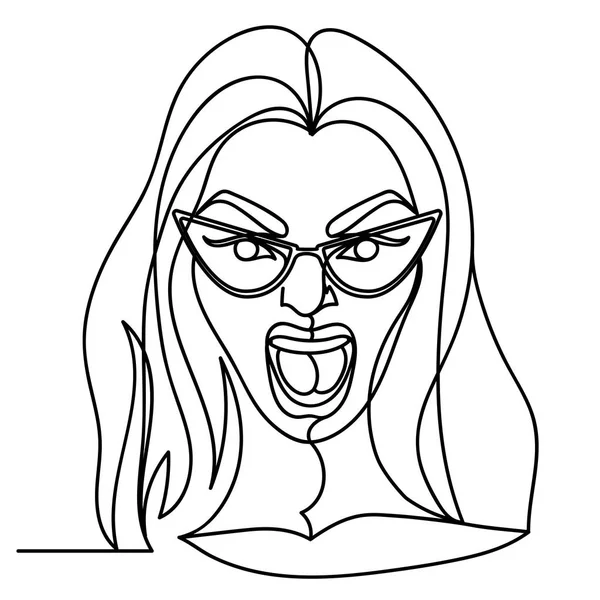 Mujer Gritando en Gafas Graduadas Retrato de Arte de Una Línea. Expresión facial femenina infeliz. Silueta de mujer lineal dibujada a mano. Ilustración vectorial — Vector de stock