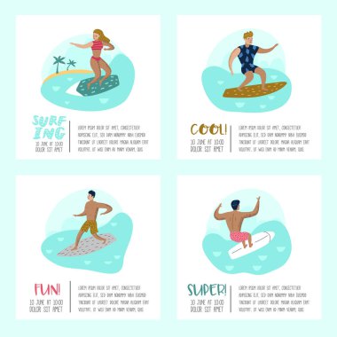 Karakterler Beach Poster, afiş, broşür, insanlar sörf. Adam ve kadın karikatür sörfçü. Su spor kavram. Vektör çizim