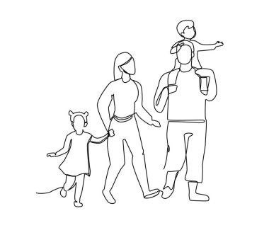 Sürekli çizgi Ebeveynler çocuklarla yürüme. Bir satır mutlu aile. Kontur insanlar açık. Ebeveynlik karakter. Vektör çizim