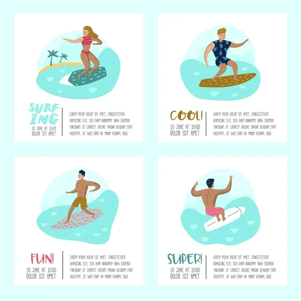Χαρακτήρες Ανθρώπων Surfing Στην Παραλία Αφίσας Πανό Φυλλάδιο Άνδρας Και — Διανυσματικό Αρχείο