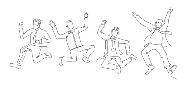 Jumping Businessman Continuous Line Art. Persone di successo Festeggiamenti. Business Teamwork Linear Concept. Illustrazione vettoriale — Vettoriale Stock