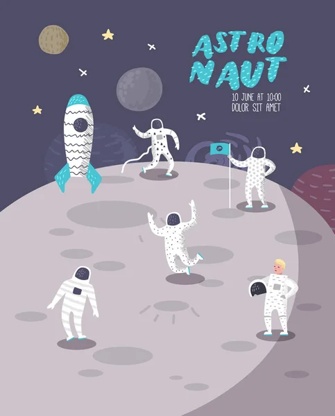 Astronauta znaków plakat, baner z gwiazd i rakiet. Kosmonauta w przestrzeni i statek kosmiczny. Ilustracja wektorowa — Wektor stockowy