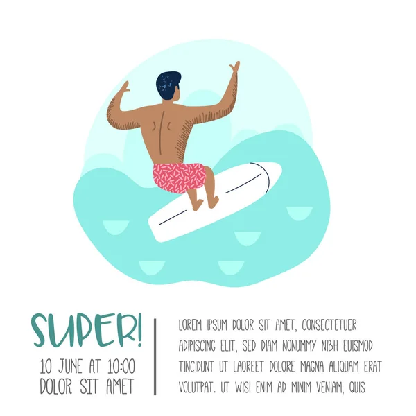 Character Man Surfing di Beach Poster, Banner, Brochure. Guy Cartoon Surfer. Konsep Olahraga Air. Ilustrasi vektor - Stok Vektor