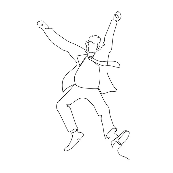 Jumping Businessman Continuous Line Art. Persone di successo Festeggiamenti. Business Teamwork Linear Concept. Illustrazione vettoriale — Vettoriale Stock