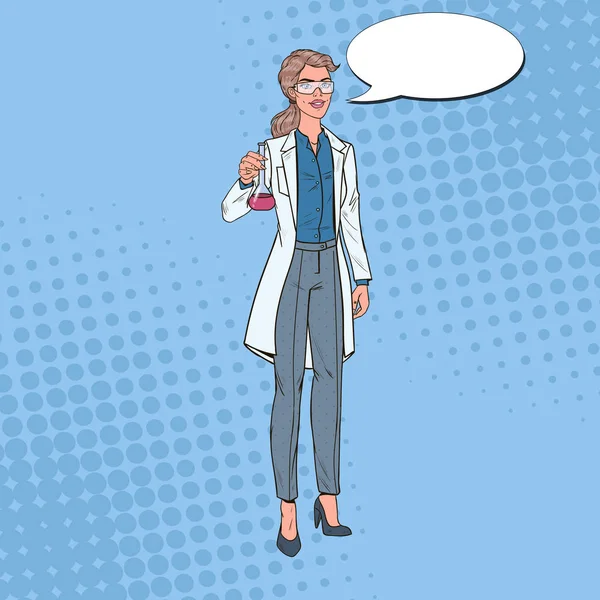 Pop Art Woman Scientist with Flask. Female Laboratory Researcher. Chemistry Pharmacology Concept. Vector illustration — Stock Vector