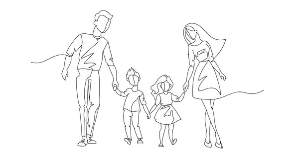 Continuous Line Parents Walking with Children. One Line Happy Family. Contour People Outdoor. Parenting Characters. Vector illustration — Stock Vector