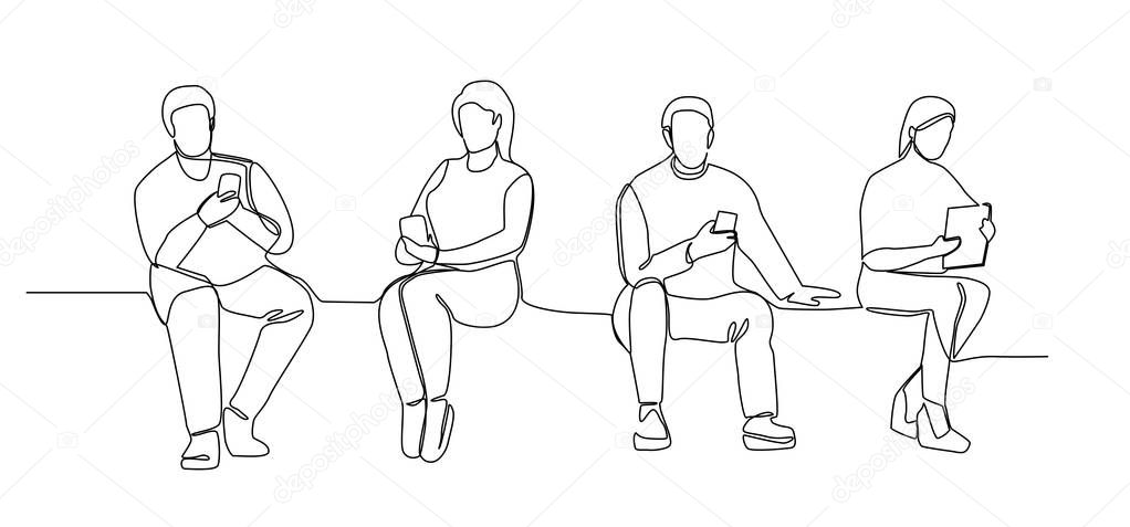 People with Gadgets Continuous Line Art. Man and Woman Using Smartphones One Line Silhouette. Mobile Technologies. Vector illustration