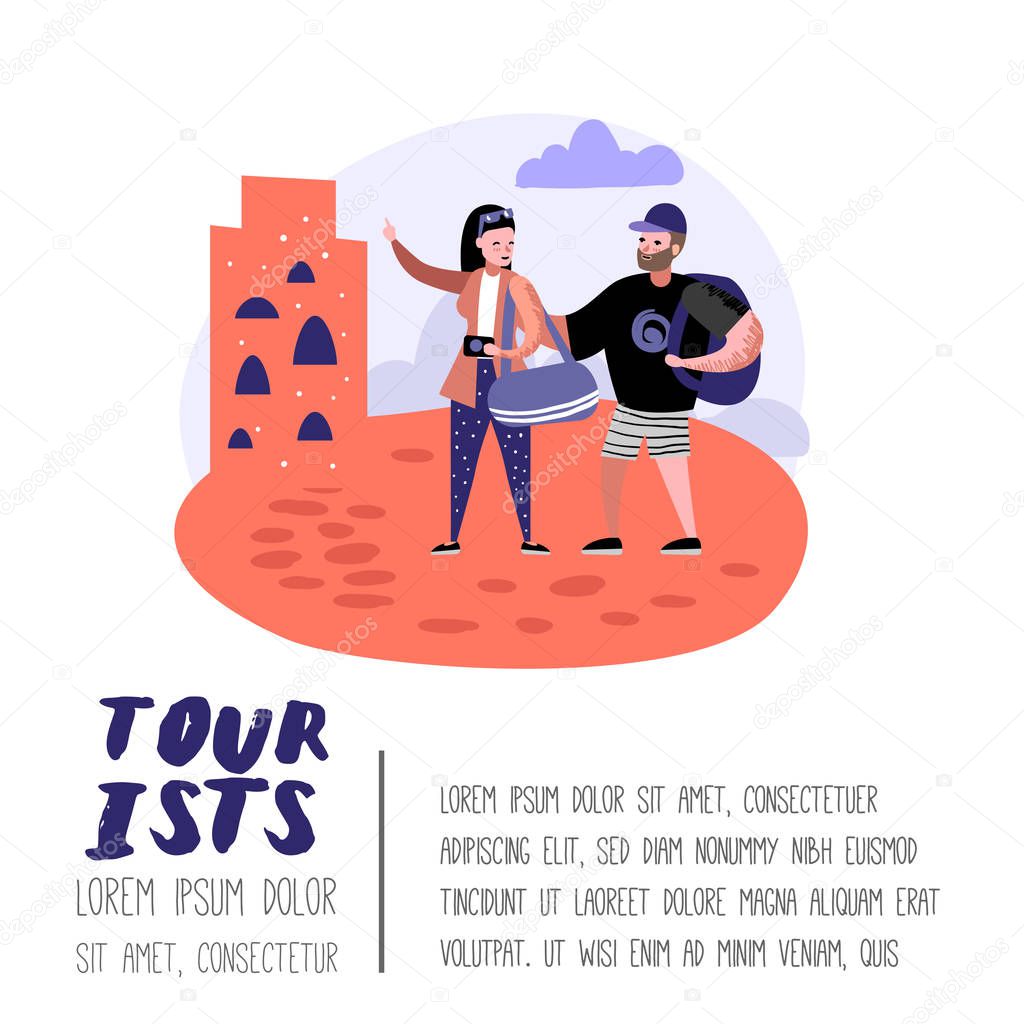 Traveling People in Trip Poster, Banner, Brochure. Tourist with Gadget Taking Photo. Woman Making Selfie. Characters Walking on Tour. Vector illustration