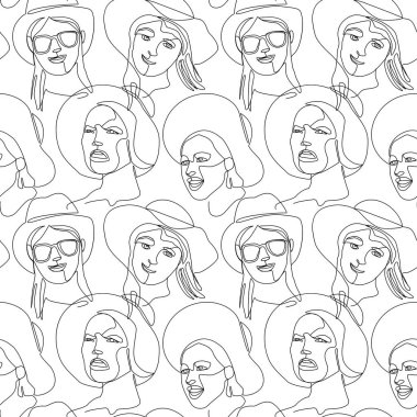 Kadın ile Dikişsiz desen bir hattı sanat portre dönük. Kadın yüz ifadesi. El doğrusal kadın şapka siluet arka planda çekilmiş. Vektör çizim