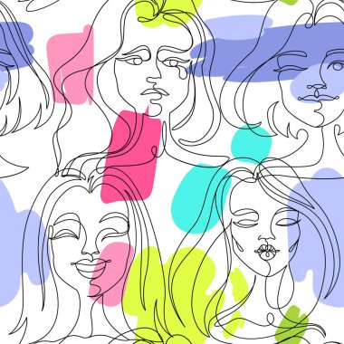 Kadın ile Dikişsiz desen bir hattı sanat portre dönük. Kadın yüz ifadesi. El doğrusal kadın siluet arka plan çekilmiş. Vektör çizim