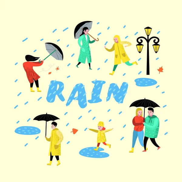 Charaktere Menschen, die im Regen laufen. Karikaturen in Regenmänteln mit Regenschirm. herbstliches Regenwetter, Herbstzeit. Vektorillustration — Stockvektor