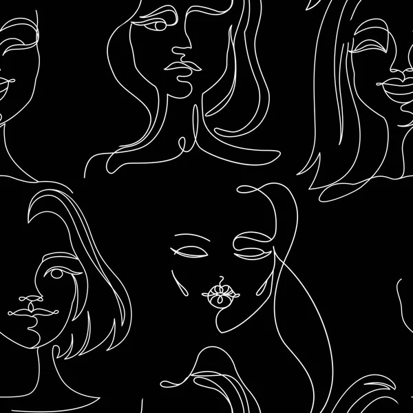 Seamless Pattern with Woman Faces One Line Art Portrait. Female Facial Expression. Hand Drawn Linear Woman Silhouette Background. Vector illustration — Stock Vector