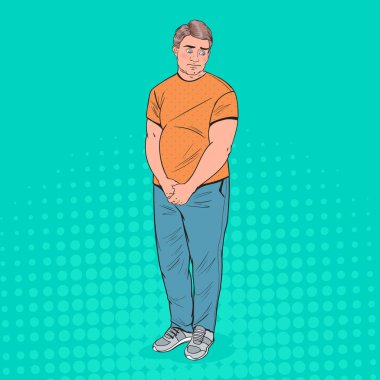 Pop Art utangaç şişman adam kilolu utanç genç adam. Sağlıksız yeme. Vektör çizim