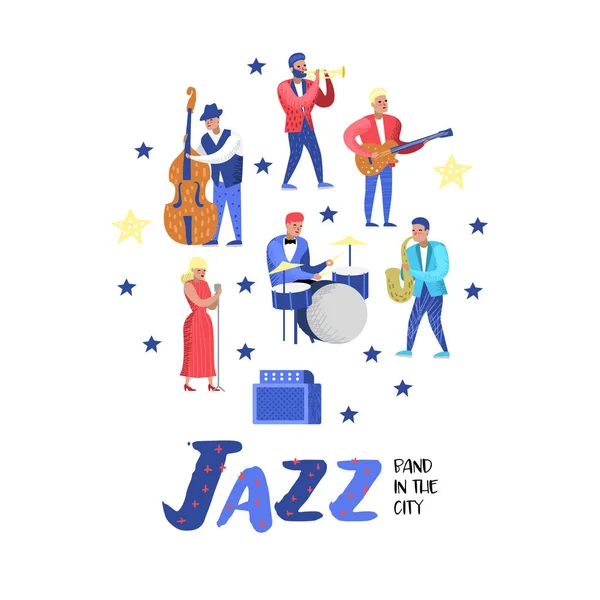 Conjunto de personagens de música jazz. Instrumentos Musicais, Músicos e Artistas Cantores. Contrabaixista, baterista, saxofonista, guitarrista. Ilustração vetorial — Vetor de Stock