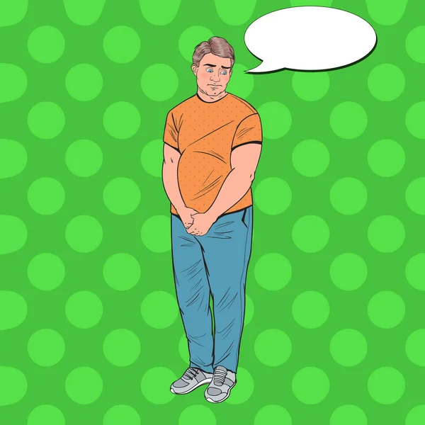 Popart verlegen Fat Man. overgewicht beschaamd jonge kerel. Ongezond eten. Vectorillustratie — Stockvector