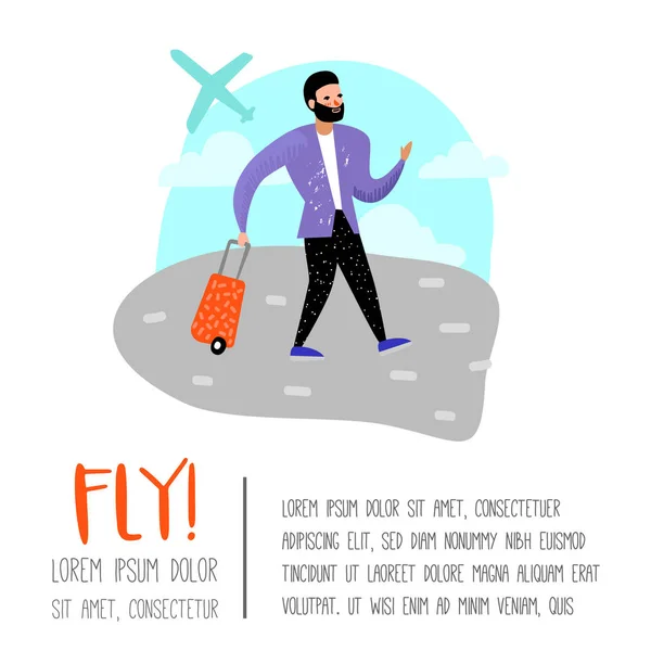 Οι άνθρωποι ταξιδεύουν με αεροπλάνο αφίσας, πανό, φυλλάδιο. Χαρακτήρα κινουμένων σχεδίων με αποσκευών στο αεροδρόμιο. Ο άνθρωπος με τις αποσκευές. Εικονογράφηση διάνυσμα — Διανυσματικό Αρχείο