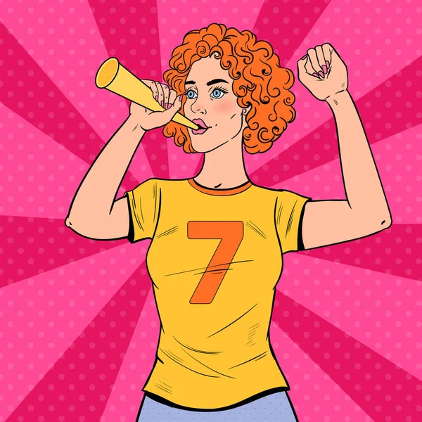 Pop Art Woman Soccer Fan dengan Horn Supporting nya Favorite Team. Pemain sepak bola pendukung Vuvuzela. Ilustrasi vektor - Stok Vektor