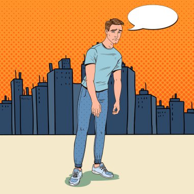 Pop Art kentin genç adam depresif. Hayal kırıklığına adam karıştı. Yüz ifadesi. Negatif duygu. Vektör çizim